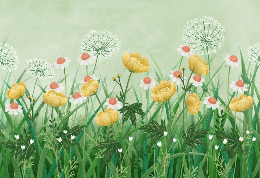 Buttercup Meadow, Green Mural Wallpaper