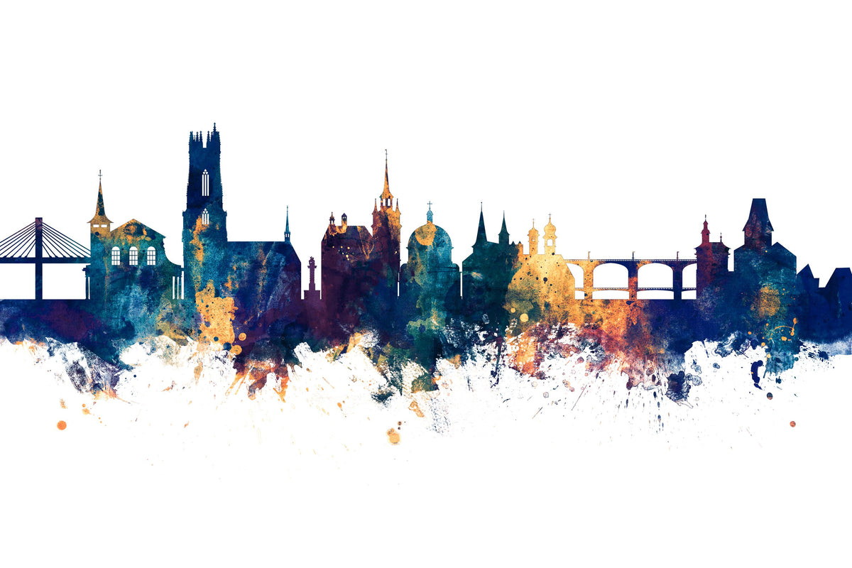 Fribourg Switzerland Skyline Blue & Bronze Mural Wallpaper - pure wallpaper artwork