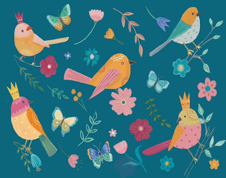 Royal Birds on Blue Mural Wallpaper