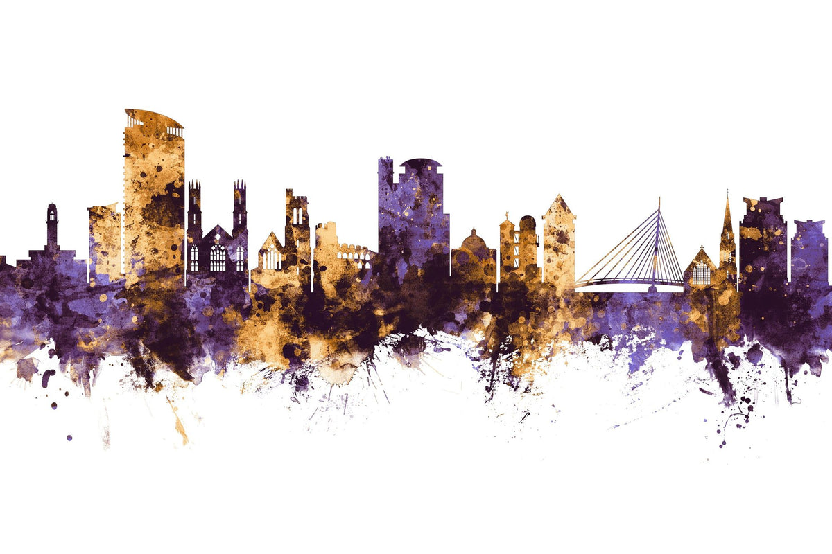 Swansea Wales Skyline Purple & Gold Mural Wallpaper - pure wallpaper artwork