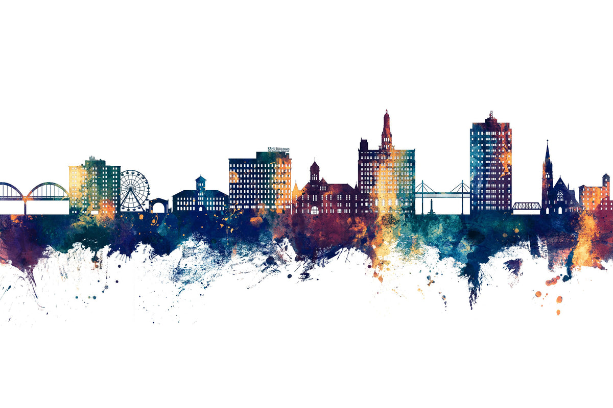 Davenport Iowa Skyline Blue & Bronze Mural Wallpaper - pure wallpaper artwork