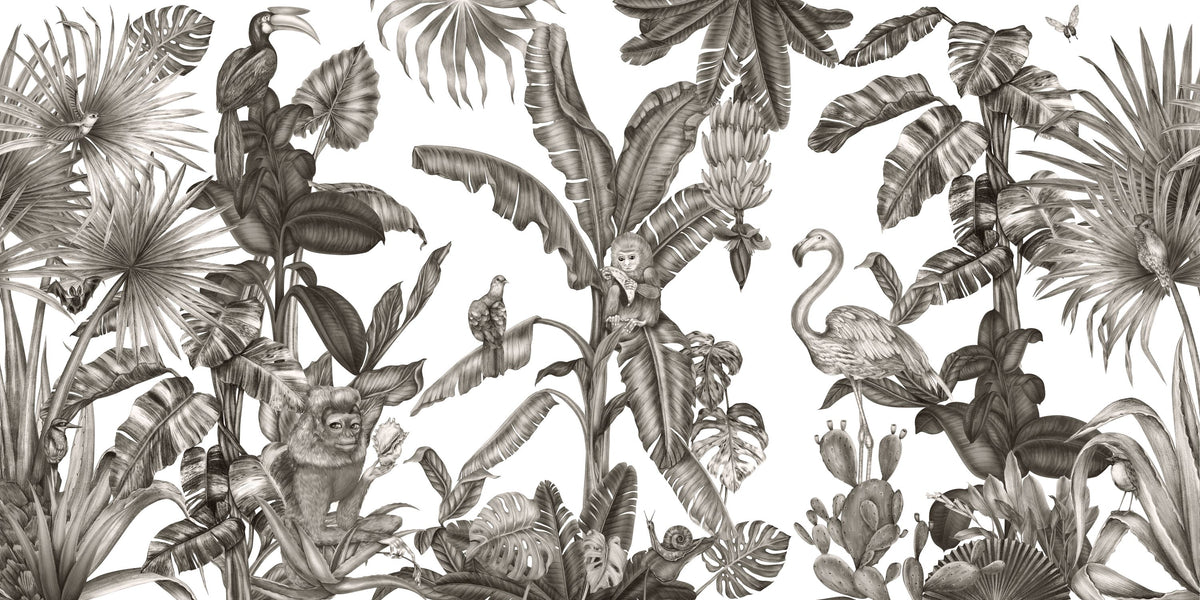 Monkeys with Birds, W&B Mural Wallpaper - pure wallpaper artwork