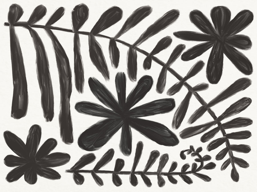 Fern and Flower Black Mural Wallpaper