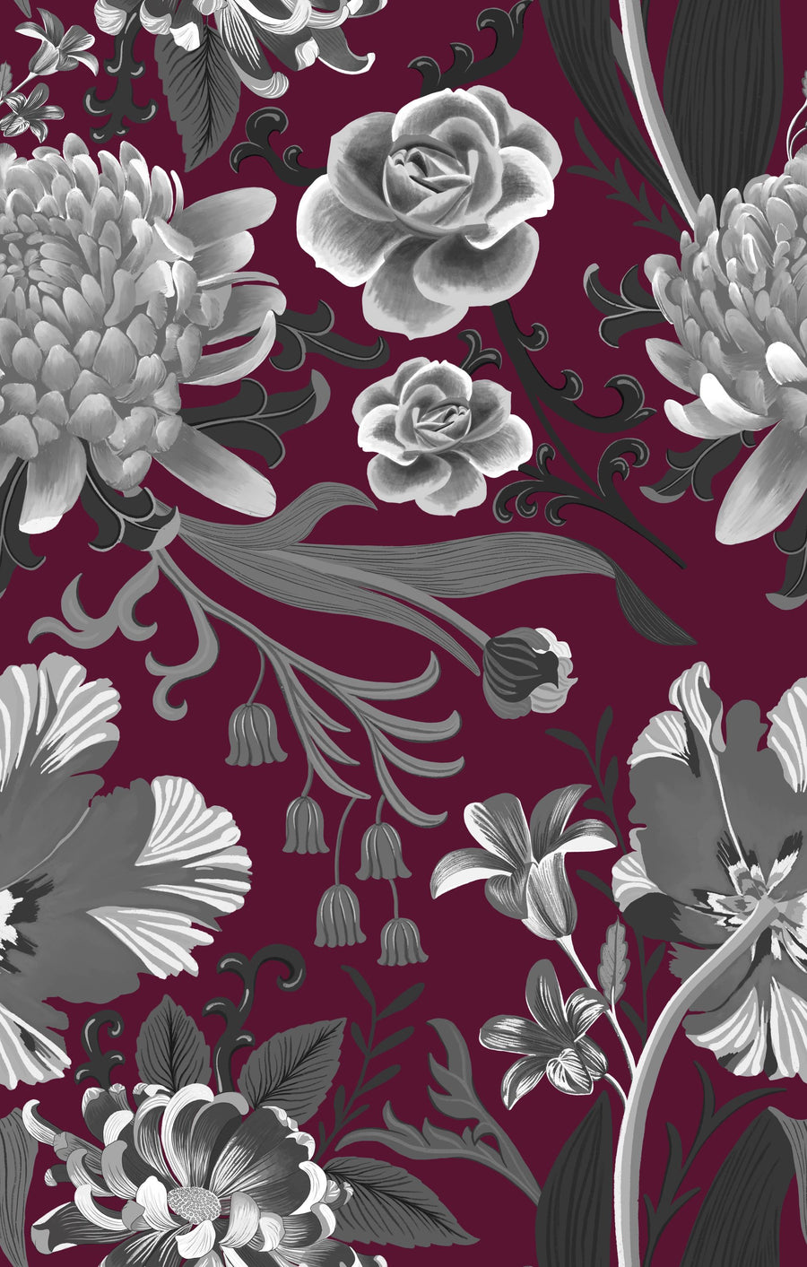 Rococo Chysatemums, Stone on Wine Mural Wallpaper
