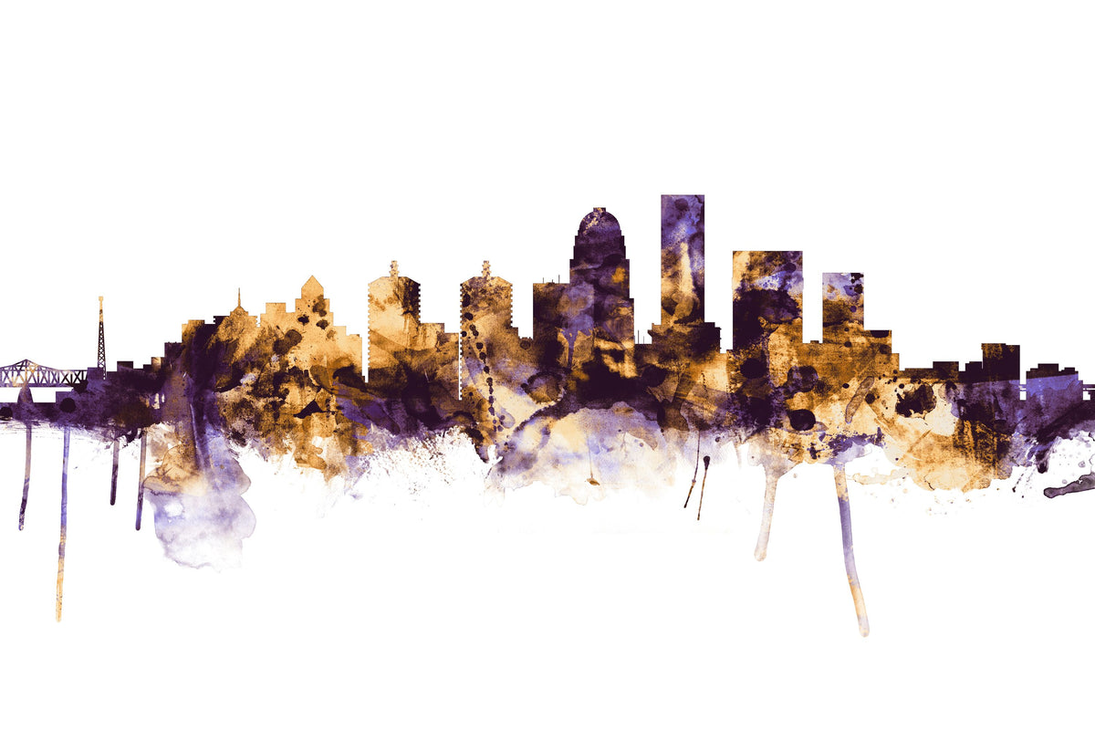 Louisville Kentucky Skyline Purple & Gold Mural Wallpaper - pure wallpaper artwork