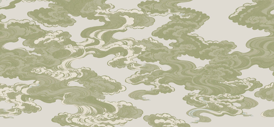 Cloud Wallpaper Mural – Sky Wall Mural – Ukiyo-e Clouds, Pistachio printable artwork