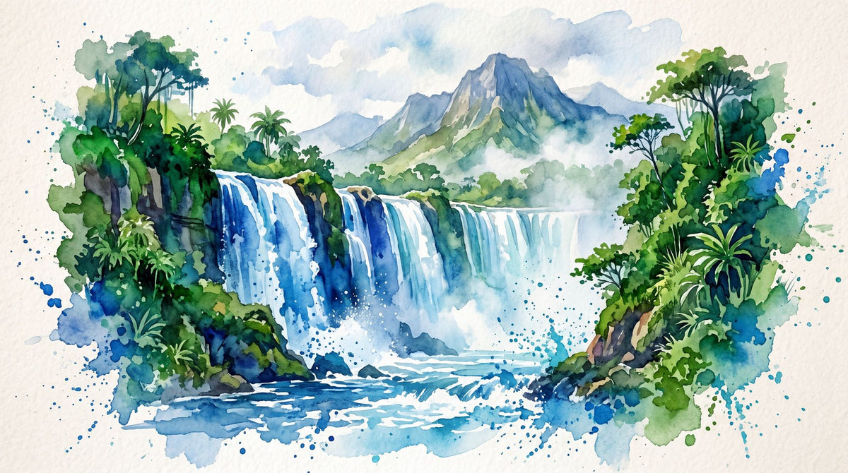 Tropical Waterfall - Watercolor Landscapes Series Mural Wallpaper - pure wallpaper artwork
