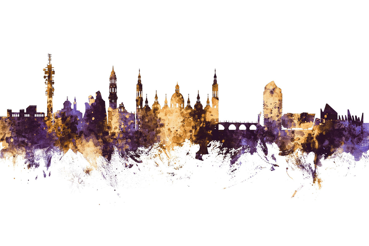 Zaragoza Spain Skyline Purple & Gold Mural Wallpaper - pure wallpaper artwork