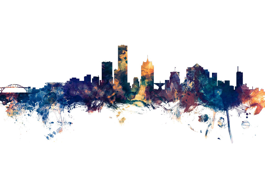 Milwaukee Wisconsin Skyline Blue & Bronze Mural Wallpaper