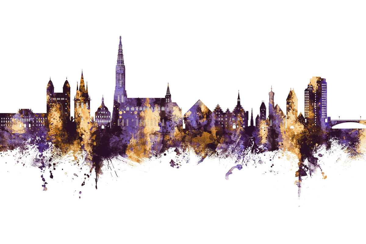 Ulm Germany Skyline Purple & Gold Mural Wallpaper - pure wallpaper artwork