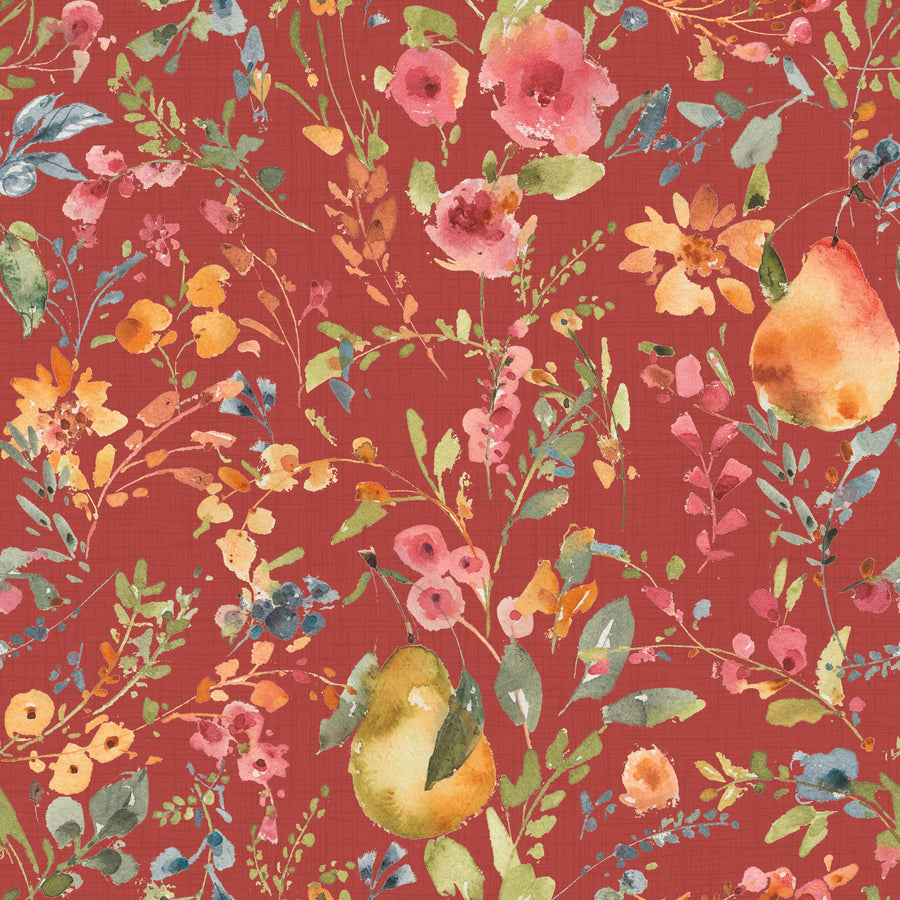 Time to Share Flowers and Pears Red Mural Wallpaper