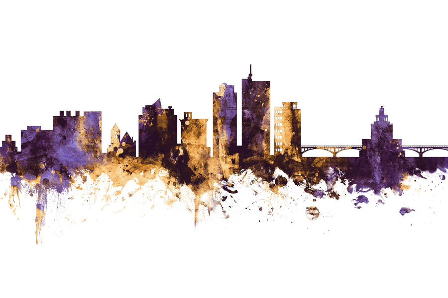 Cedar Rapids Iowa Skyline Purple & Gold Mural Wallpaper