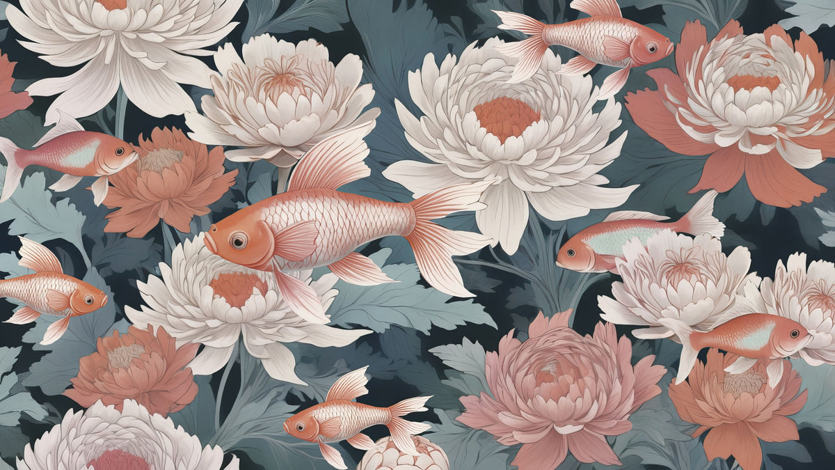 Dancing Fish, Peach on Teal Mural Wallpaper - pure wallpaper artwork
