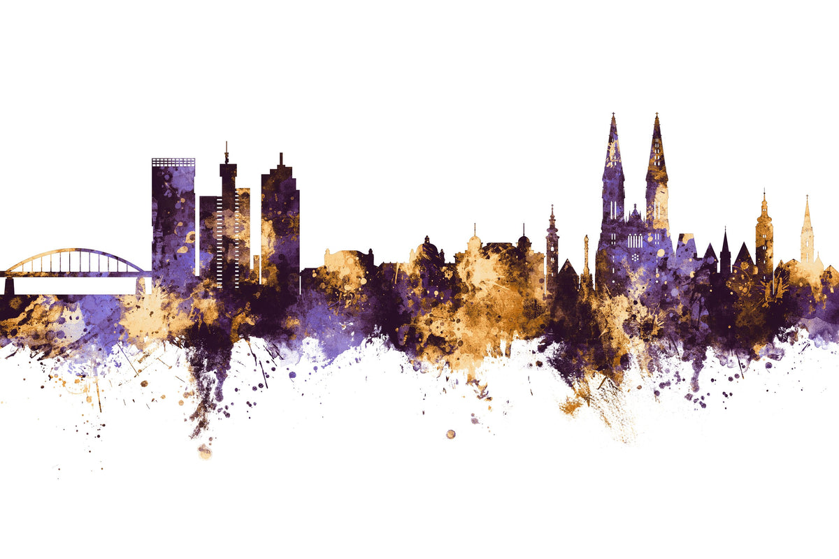 Zagreb Croatia Skyline Purple & Gold Mural Wallpaper - pure wallpaper artwork
