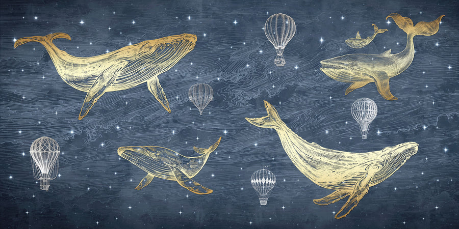 Whales in the Sky with Balloons, Washed Mural Wallpaper