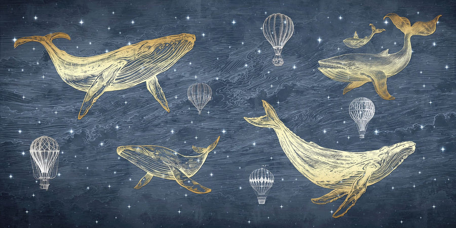 Whale Wallpaper Mural – Ocean Wall Mural – Whales in the Sky with Balloons, Washed printable artwork
