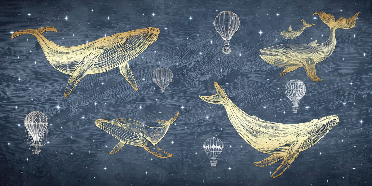 Whales in the Sky with Balloons, Washed Mural Wallpaper - pure wallpaper artwork