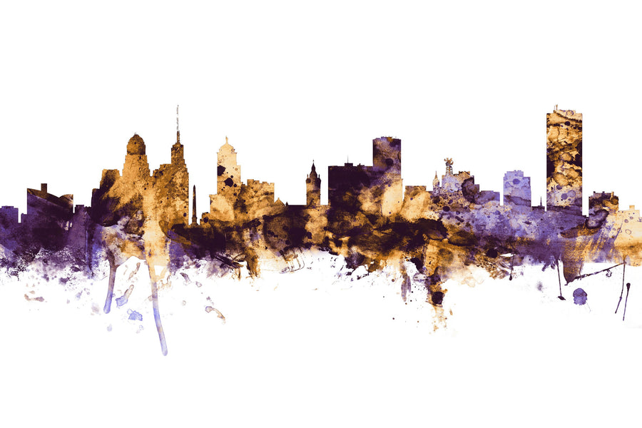 Buffalo New York Skyline Purple & Gold Mural Wallpaper