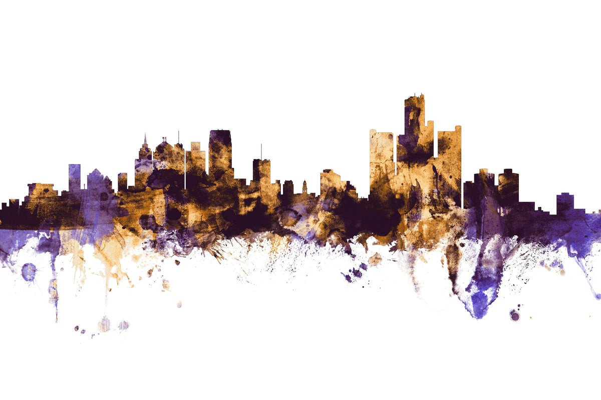 Detroit Michigan Skyline Purple & Gold Mural Wallpaper - pure wallpaper artwork