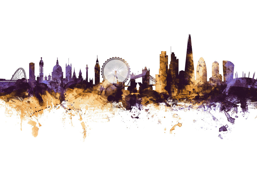 London Skyline Purple & Gold Mural Wallpaper