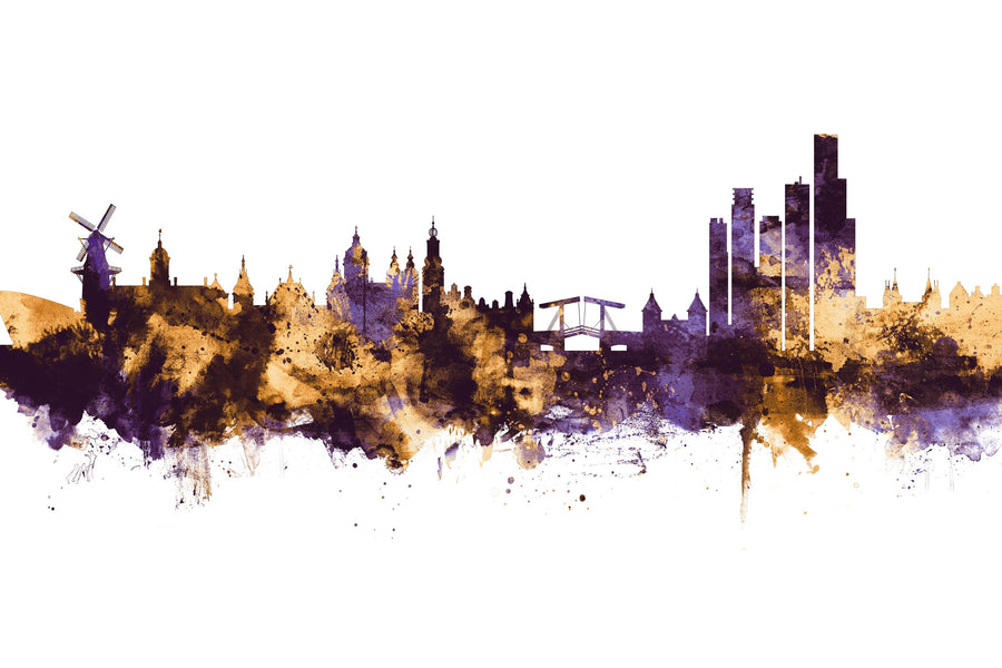 Amsterdam Skyline Purple & Gold Mural Wallpaper