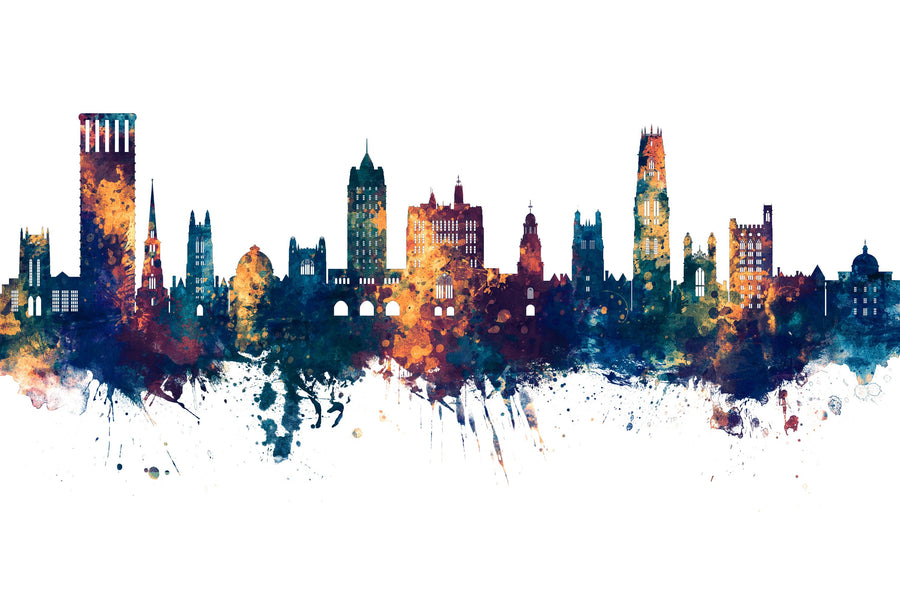 New Haven Connecticut Skyline Blue & Bronze Mural Wallpaper