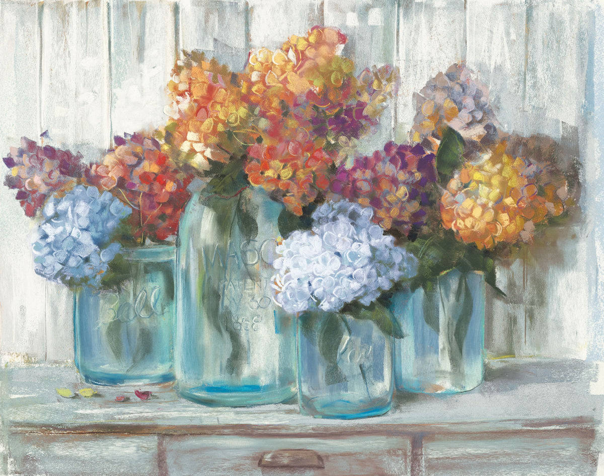 Hydrangeas in Glass Jars Blue Mural Wallpaper - pure wallpaper artwork