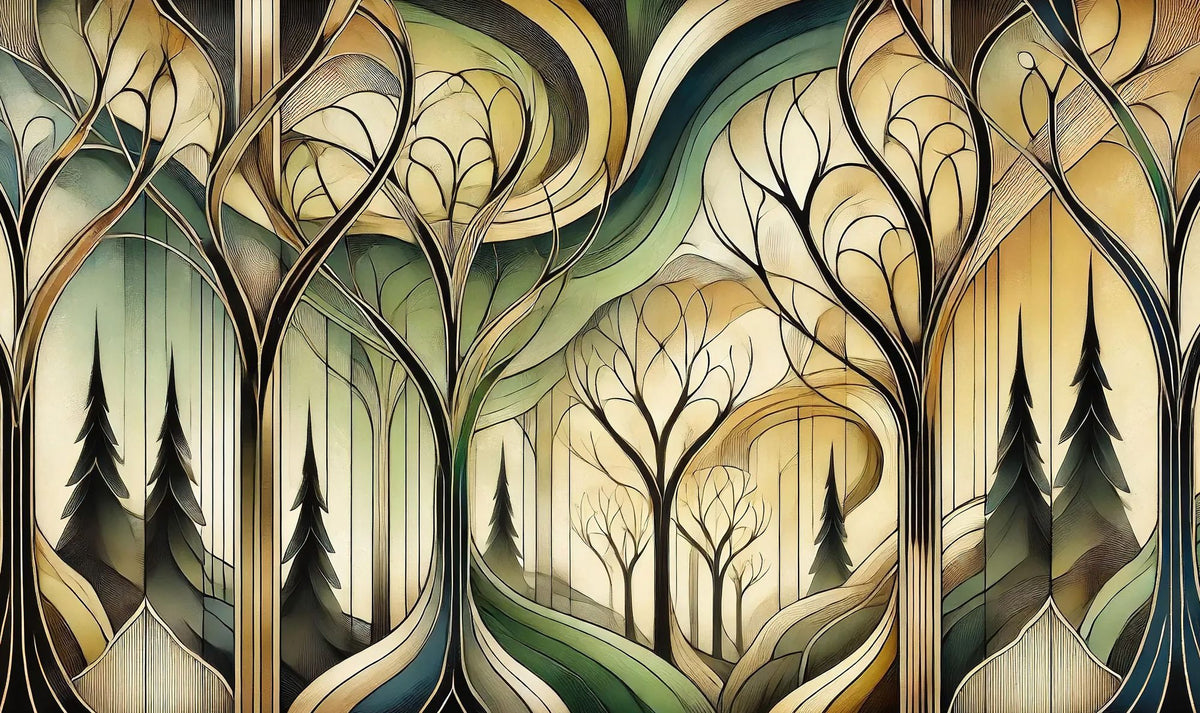 Vintage Treescape Essence in Art Deco Mural Wallpaper - pure wallpaper artwork
