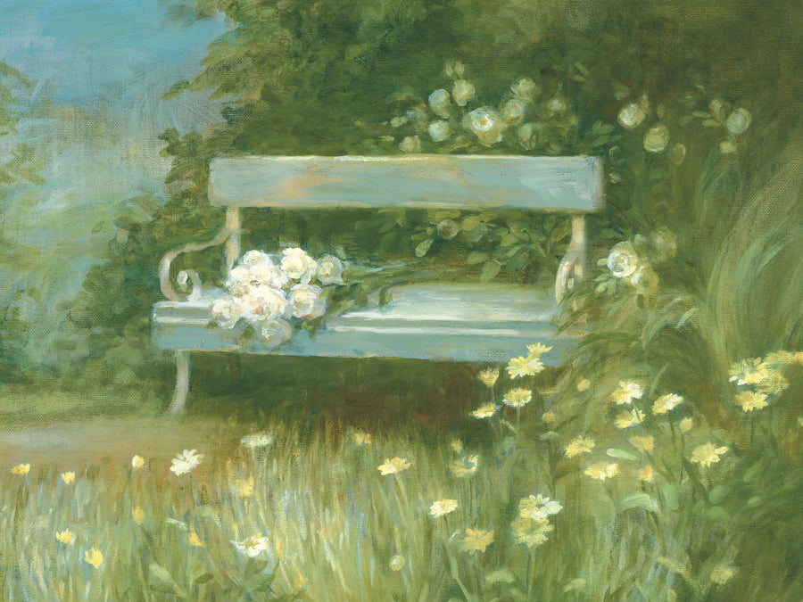 Garden Bench with Rose Bouquet Mural Wallpaper
