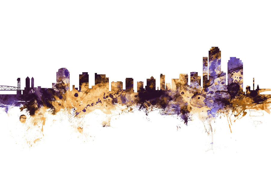 Wilmington Delaware Skyline Purple & Gold Mural Wallpaper