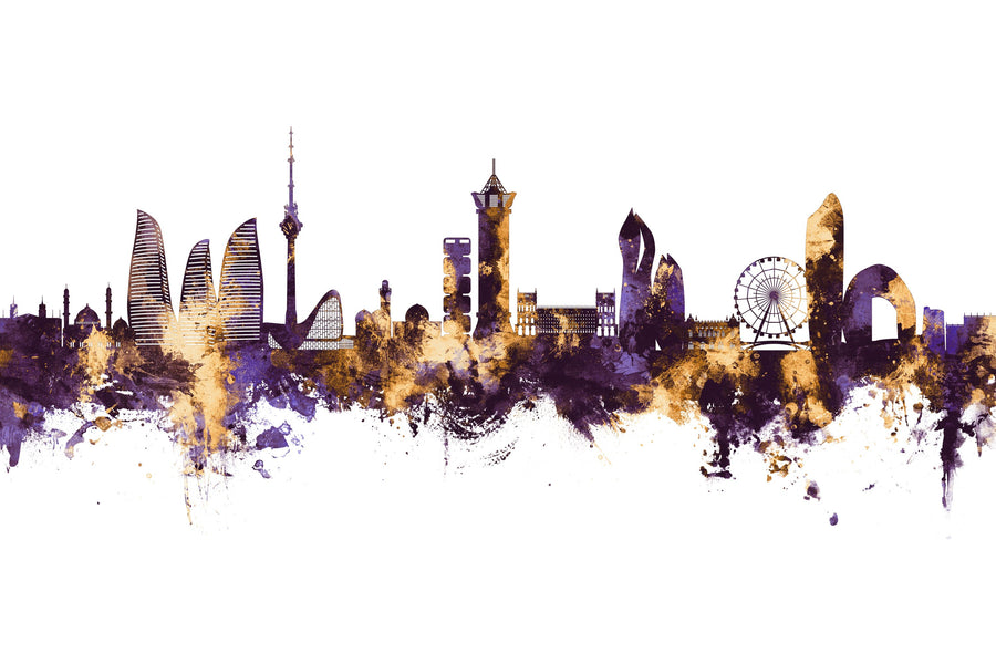 Baku Skyline Purple & Gold Mural Wallpaper