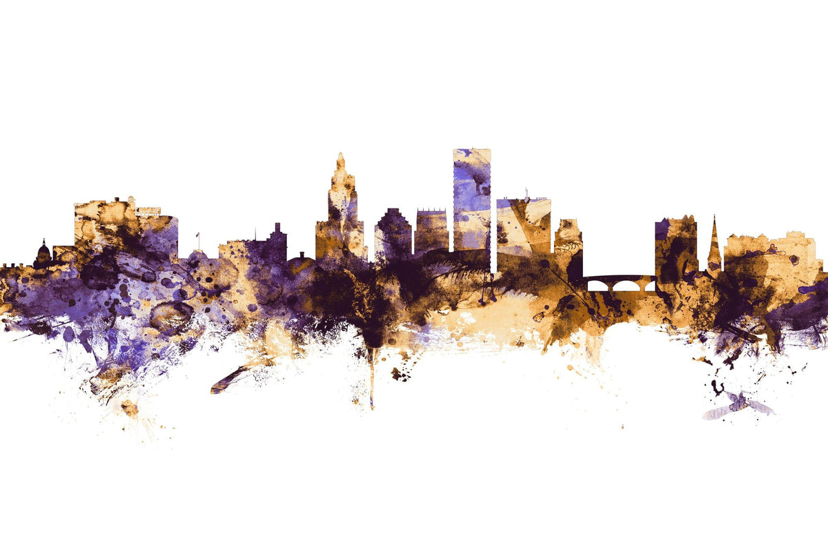 Providence Rhode Island Skyline Purple & Gold Mural Wallpaper - pure wallpaper artwork