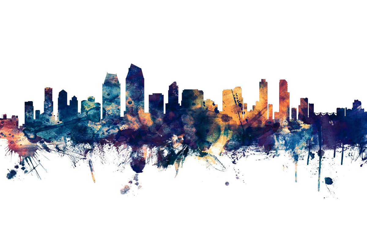 San Diego California Skyline Blue & Bronze Mural Wallpaper - pure wallpaper artwork