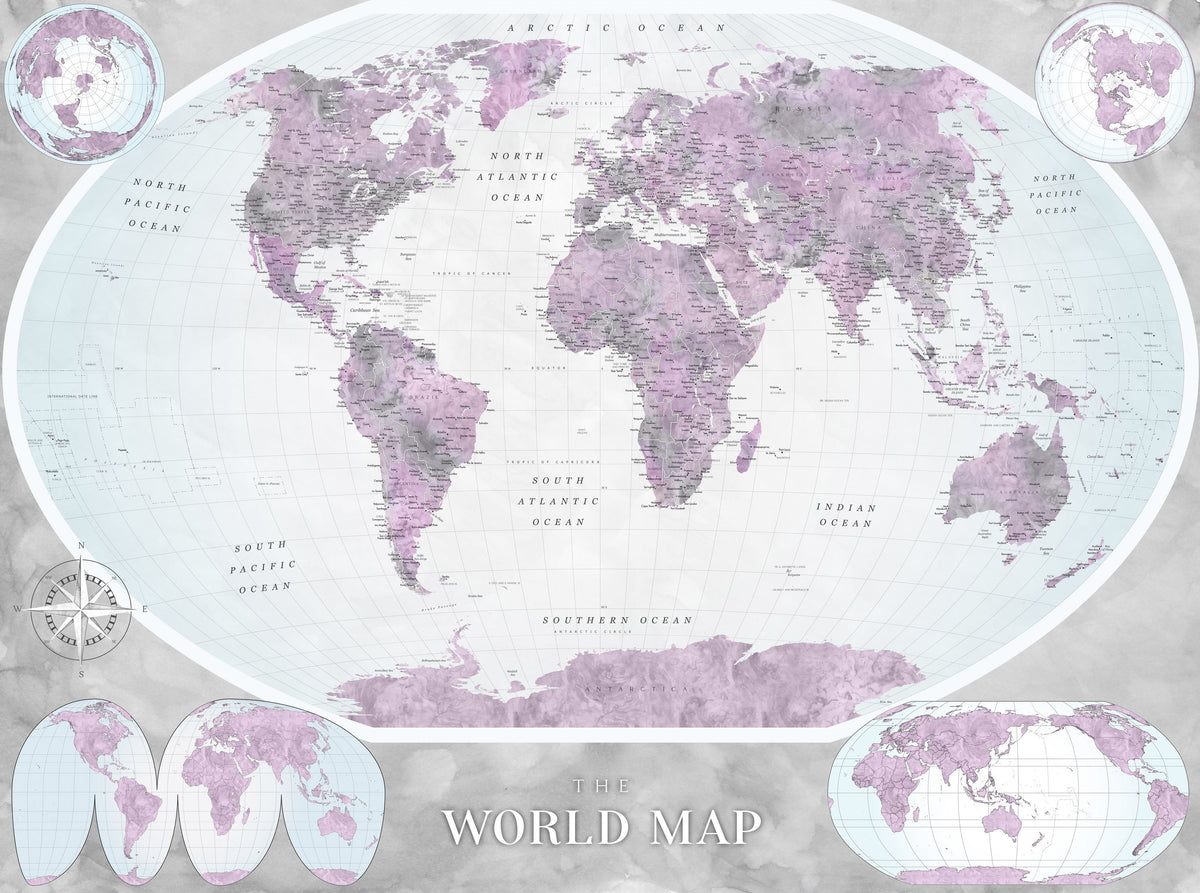 World Map Atlas Purple Mural Wallpaper - pure wallpaper artwork