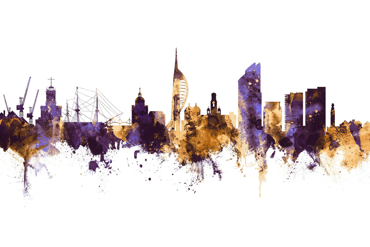 Portsmouth England Skyline Purple & Gold Mural Wallpaper - pure wallpaper artwork