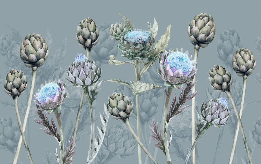 Artichoke Blooms, French Blue Mural Wallpaper