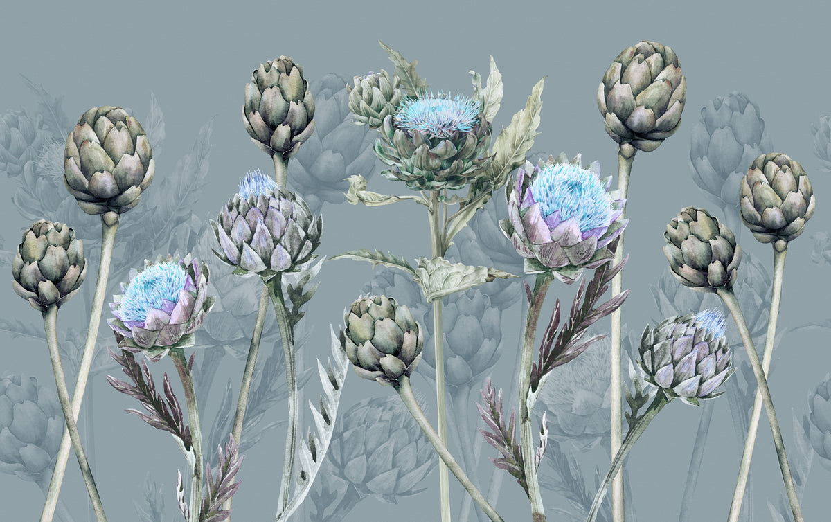 Artichoke Blooms, French Blue Mural Wallpaper - pure wallpaper artwork
