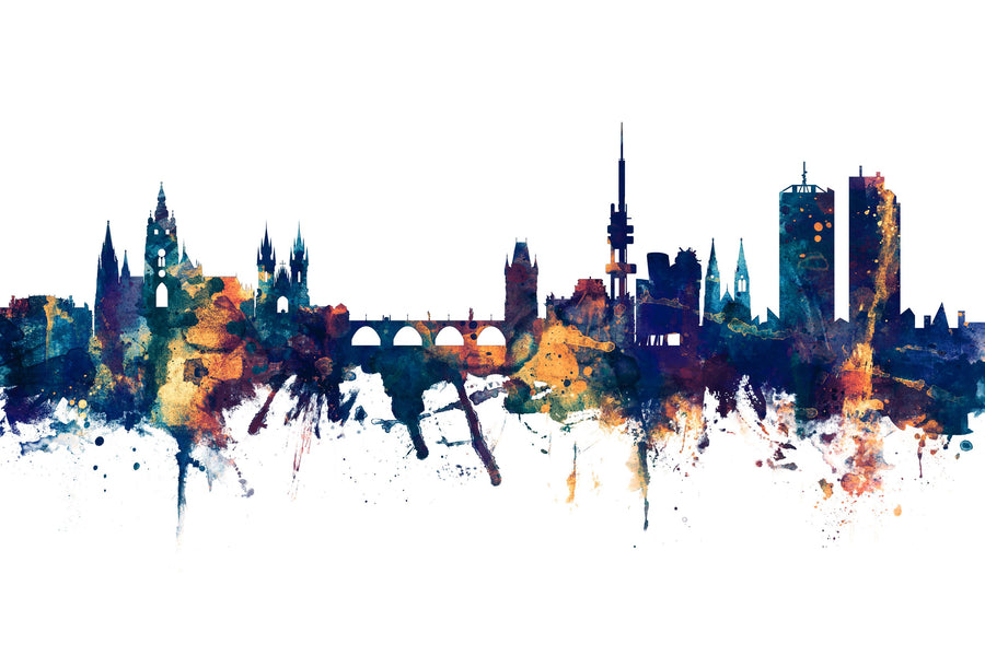 Prague (Praha) Czech Republic Skyline Blue & Bronze Mural Wallpaper