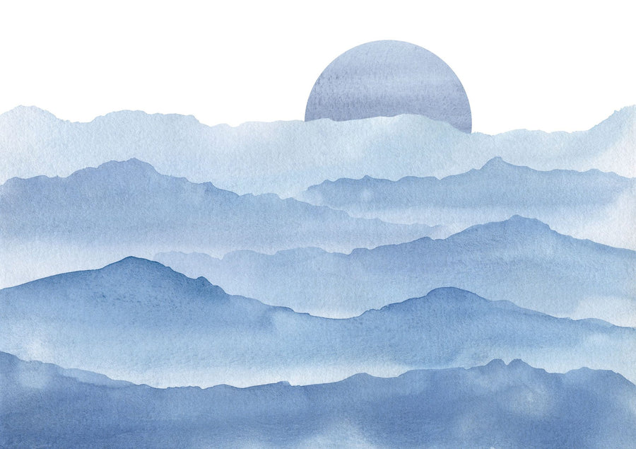 Sunrise Wallpaper Mural – Dawn Wall Mural – Sunrise Mountain View, Sky Blue printable artwork