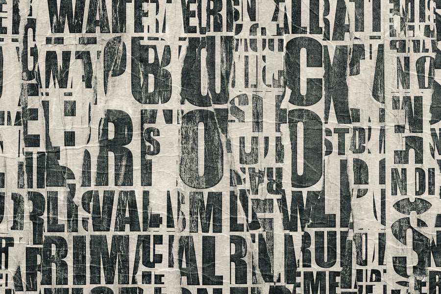Letterpress Vintage Newspaper Collage, Black Mural Wallpaper
