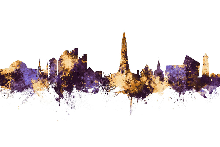 Reykjavík Skyline Purple & Gold Mural Wallpaper
