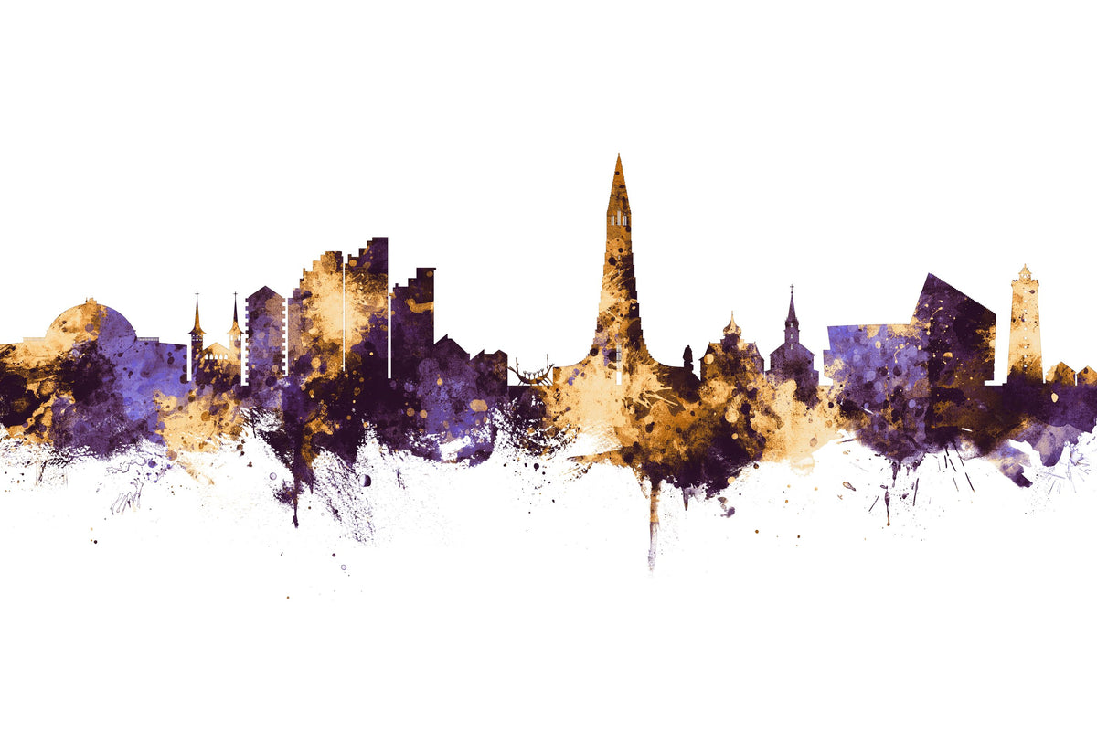 Reykjavík Skyline Purple & Gold Mural Wallpaper - pure wallpaper artwork