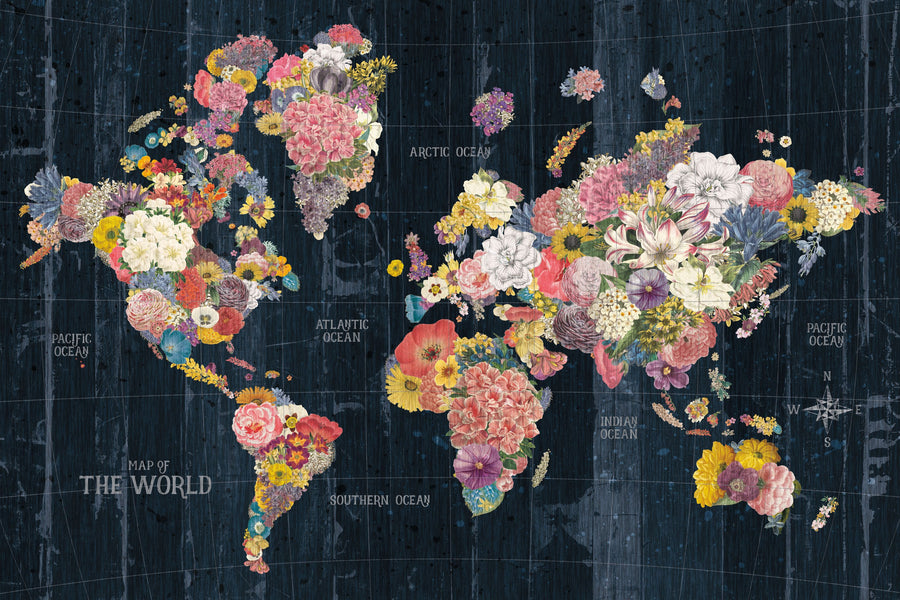 Botanical Floral Map Words Mural Wallpaper