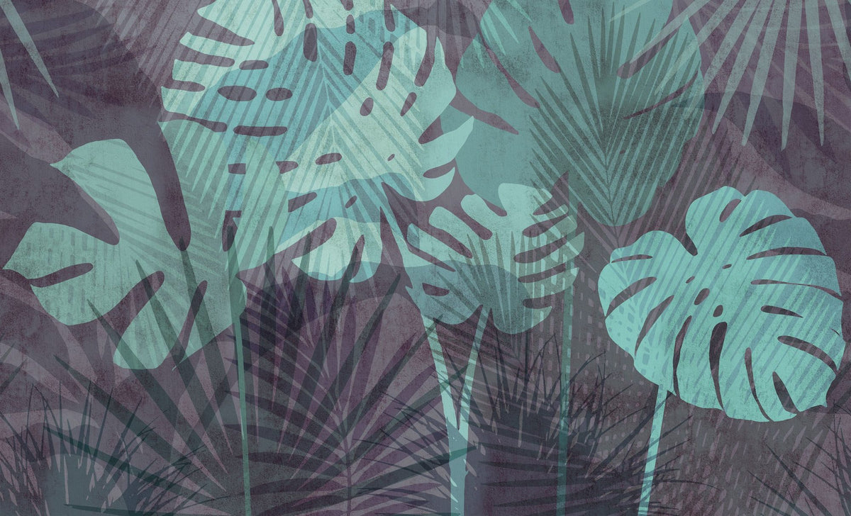 Big Monstera Leaves, Cyan Mural Wallpaper - pure wallpaper artwork