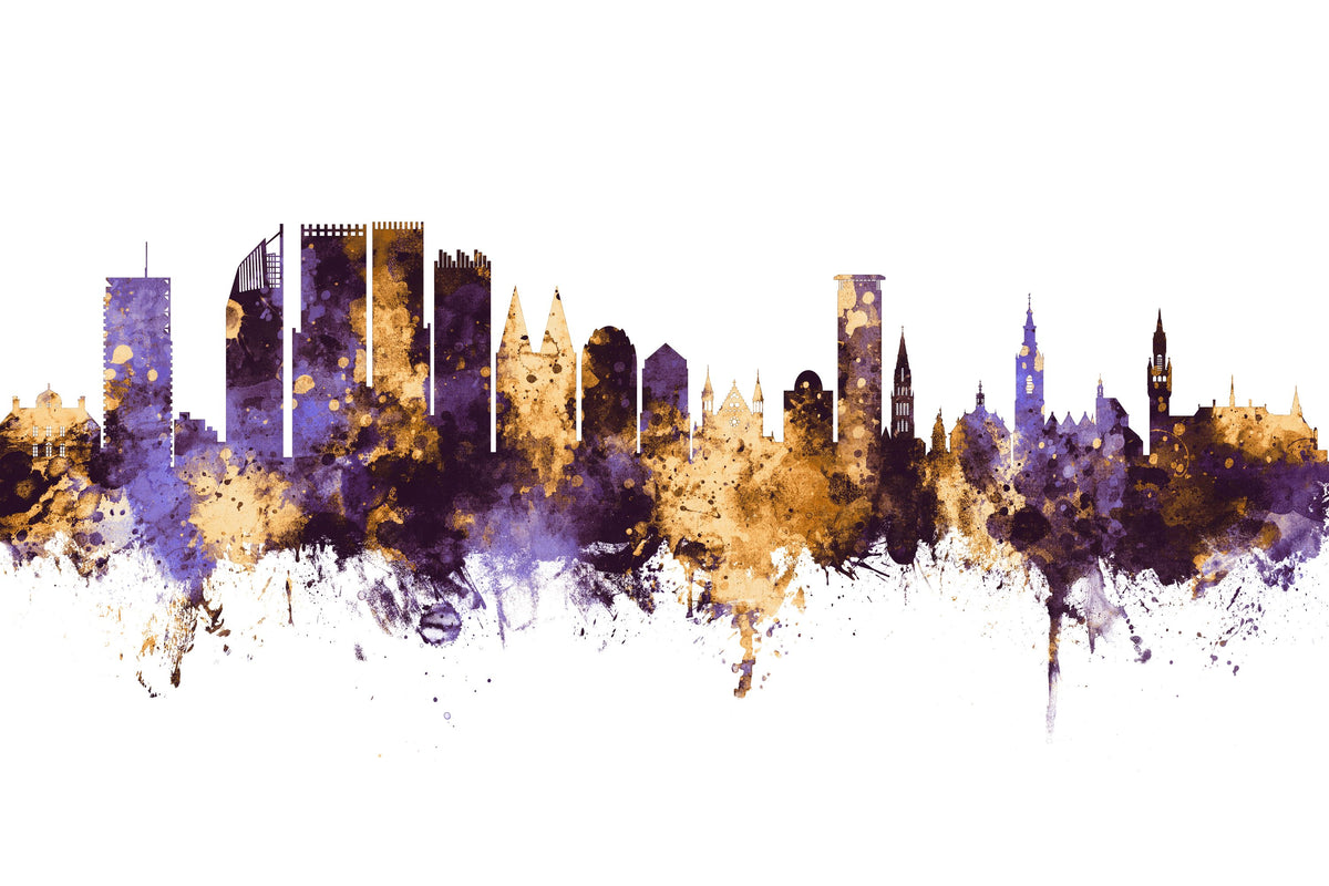 The Hauge Netherlands Skyline Purple & Gold Mural Wallpaper - pure wallpaper artwork