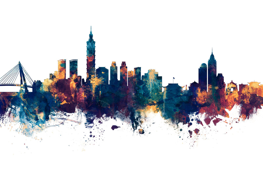 Taipei Taiwan Skyline Blue & Bronze Mural Wallpaper