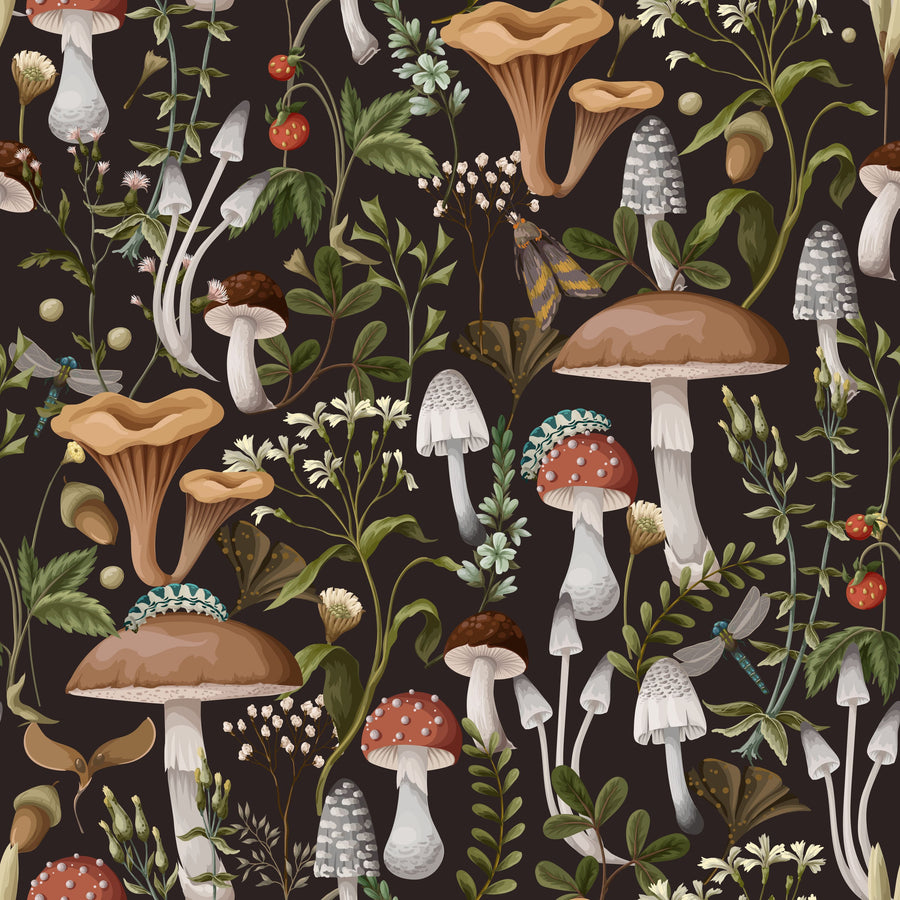 Forest Mushrooms, Dark Mural Wallpaper