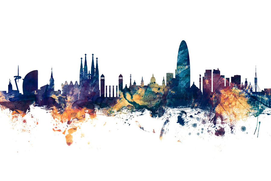 Barcelona Skyline Blue & Bronze Mural Wallpaper