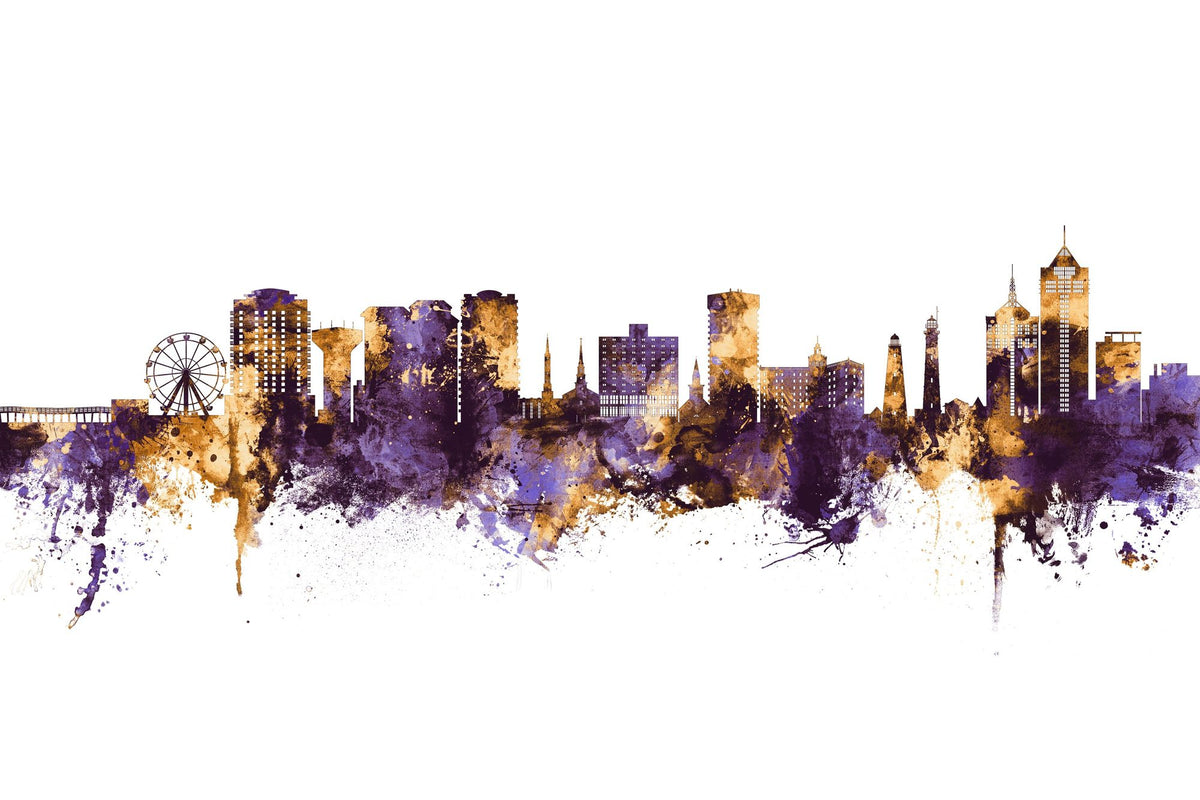 Virginia Beach Skyline Purple & Gold Mural Wallpaper - pure wallpaper artwork