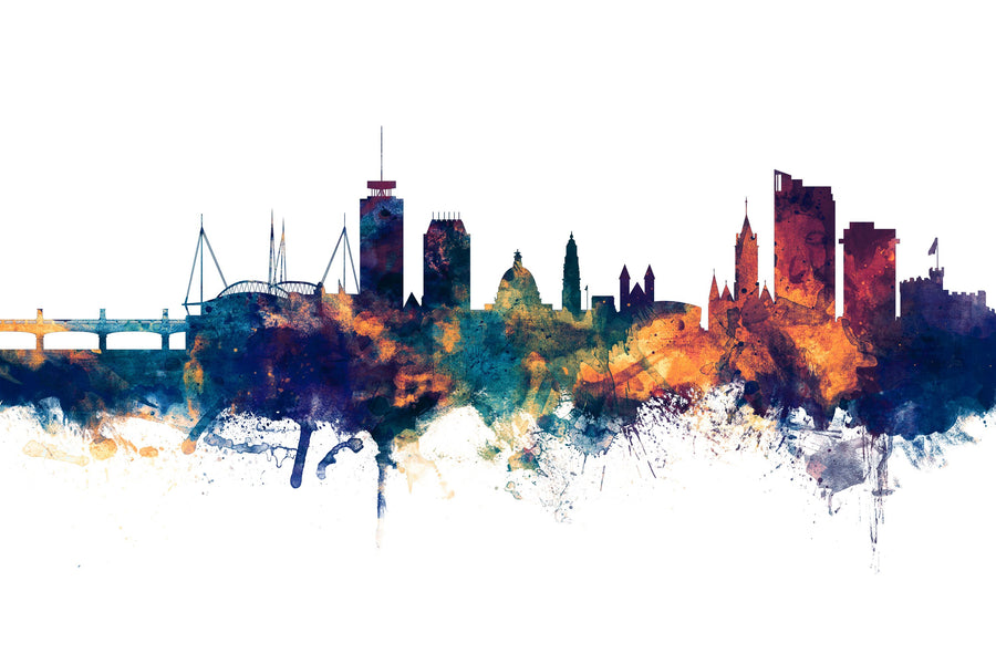 Cardiff Wales Skyline Blue & Bronze Mural Wallpaper